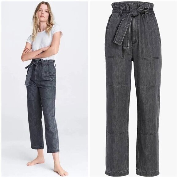 NWT Rag & Bone Darted High Rise Paper Bag Pants in Washed Black Womens 25 - Picture 1 of 11